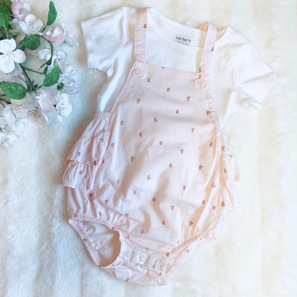 Cute Strawberry Print Baby Romper Carter’s Size 18 Months, Light Pink & White